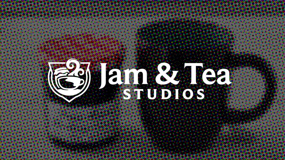 The Jam & Tea logo overlaid on a pixelated photograph of jam and tea The Jam & Tea logo overlaid on a pixelated photograph of jam and tea