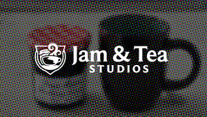 The Jam & Tea logo overlaid on a pixelated photograph of jam and tea