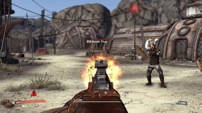 Borderlands First person view assault rifle exchanging fire with three bandit thugs in a desert town