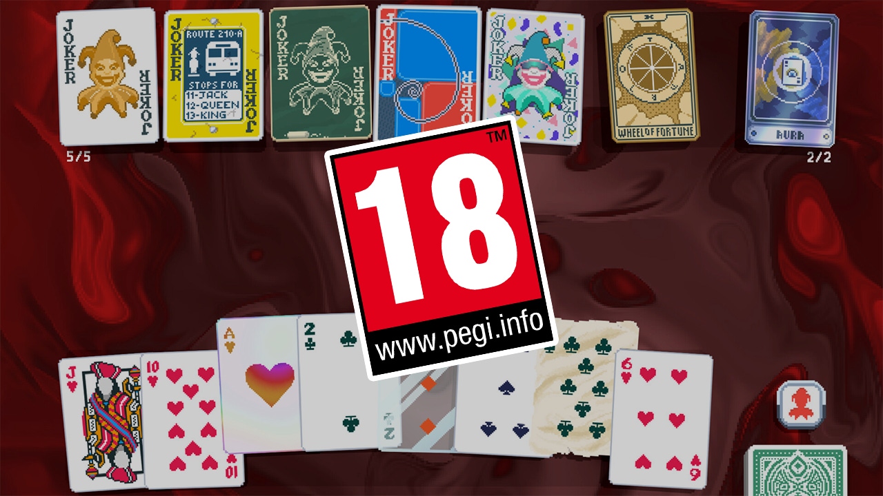 The 18+ PEGI rating overlaid on a Balatro screenshot The 18+ PEGI rating overlaid on a Balatro screenshot