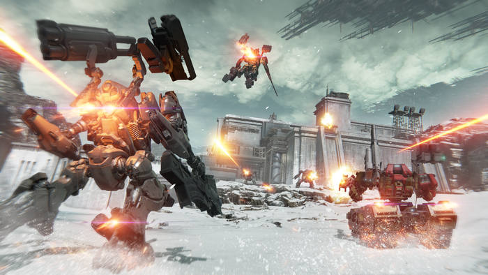 Mechs race toward a fortress in an icy landscape.