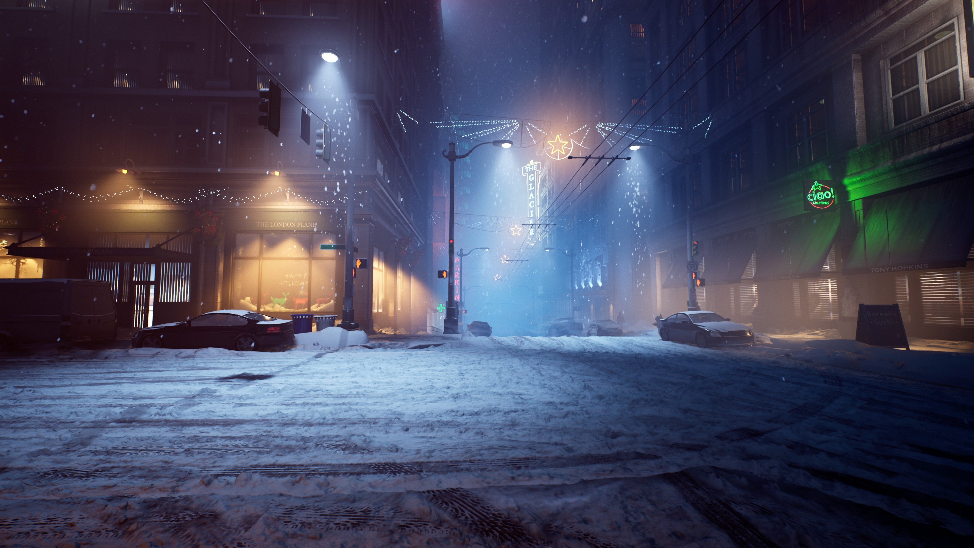 A screenshot of wintery Seattle streets from Vampire: The Masquerade — Bloodlines 2