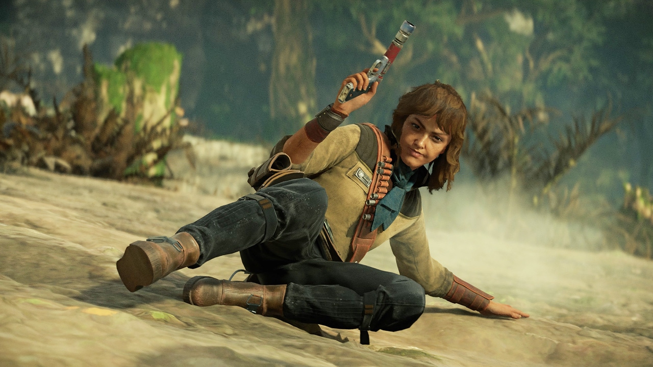 Star Wars Outlaws protagonist slides across the dirt. Star Wars Outlaws protagonist slides across the dirt.