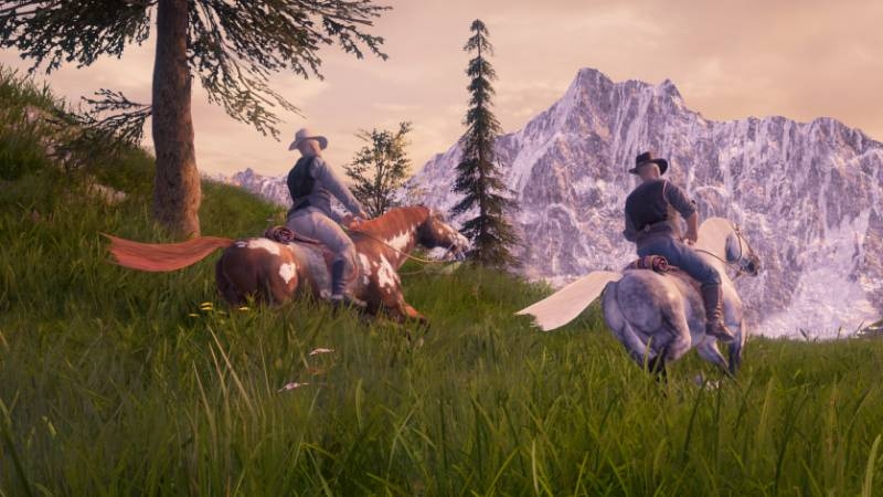 A screenshot from Grit featuring two horse-riding players. A screenshot from Grit featuring two horse-riding players.
