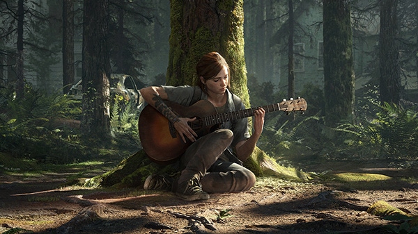 Key art for The Last of Us Part 2. Ellie plays guitar in front of a tree