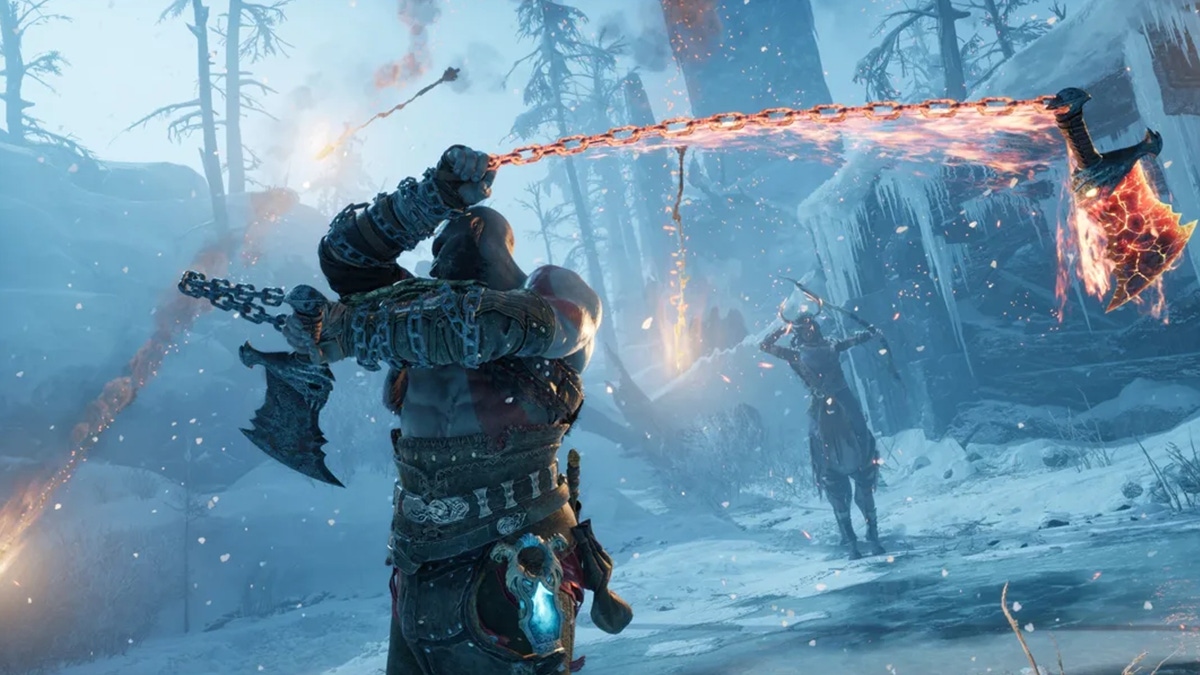 A screenshot of God of War Ragnarok featuring Kratos in combat A screenshot of God of War Ragnarok featuring Kratos in combat