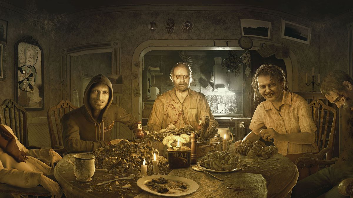 The Baker family at a dinner table in Capcom's Resident Evil 7 Biohazard. The Baker family at a dinner table in Capcom's Resident Evil 7 Biohazard.