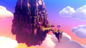  Tunic screenshot shoeing a colorful island floating in a sunset sky