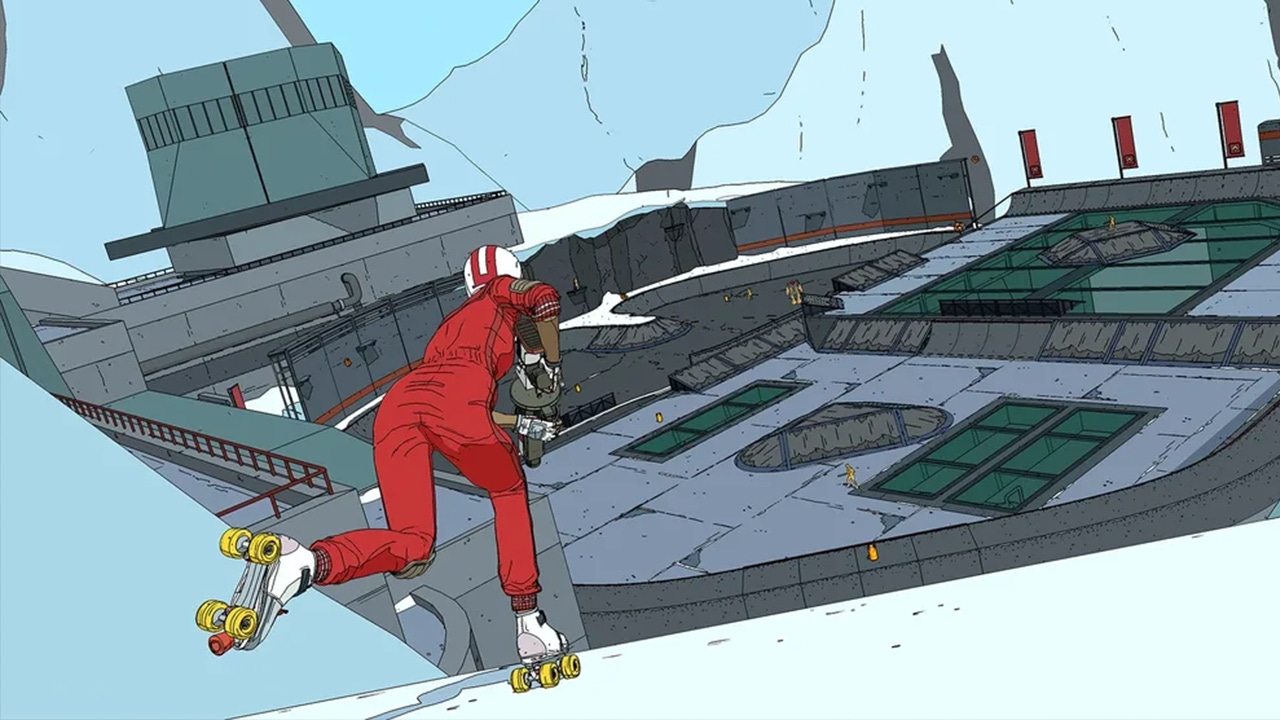 A screenshot from Rollerdrome showing a daring rollerskater decked out in a red jumpsuit A screenshot from Rollerdrome showing a daring rollerskater decked out in a red jumpsuit