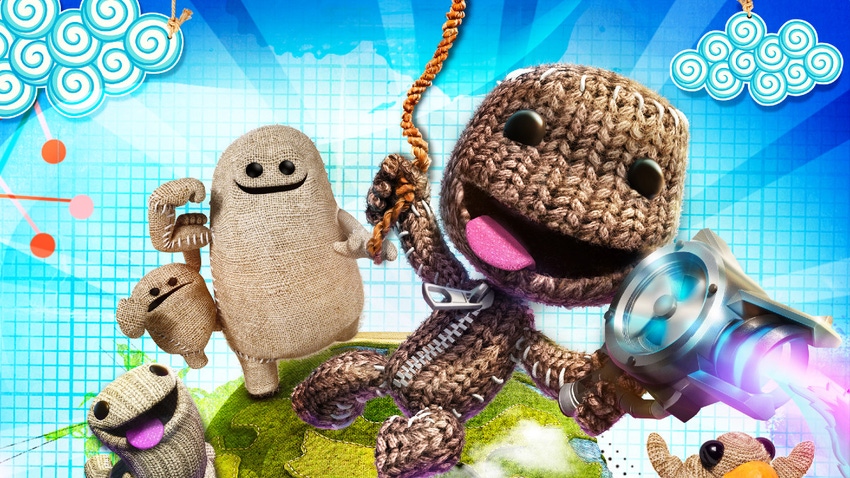 The four puppet protagonists of LittleBigPlanet 3 pose happily atop a patchwork ball resembling a planet.