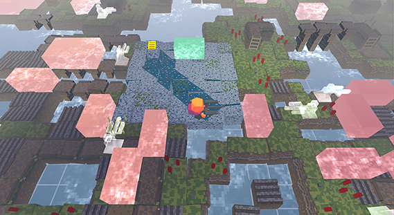 Sausage Roll; A large island, specked with bodies of water, numerous pink blocks grills and flowers.