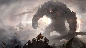 The key art Legions and Legends, showing a group of characters preparing to fight a massive enemy made out of rocks The key art Legions and Legends, showing a group of characters preparing to fight a massive enemy made out of rocks