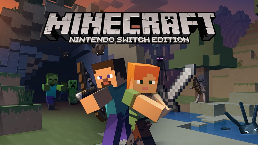 Key artwork for Minecraft on the Nintendo Switch featuring two characters preparing to battle creepers