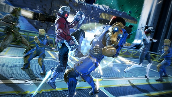 A screenshot from Marvel's Guardians of the Galaxy. Peter Quill, Groot, and Gamora fight Nova Cpros.