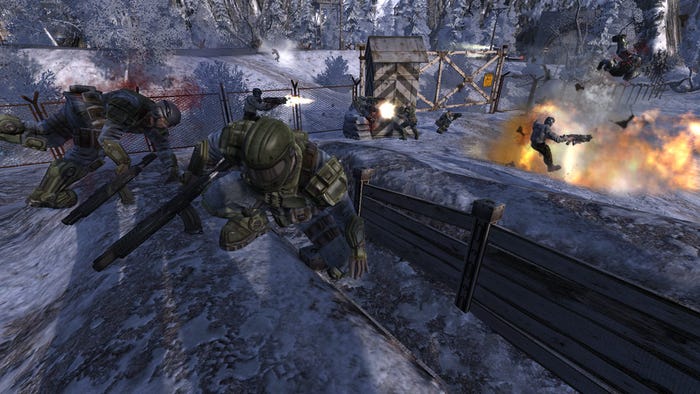 A screenshot from TimeShift. Soldiers climb out of a trench in the snow.