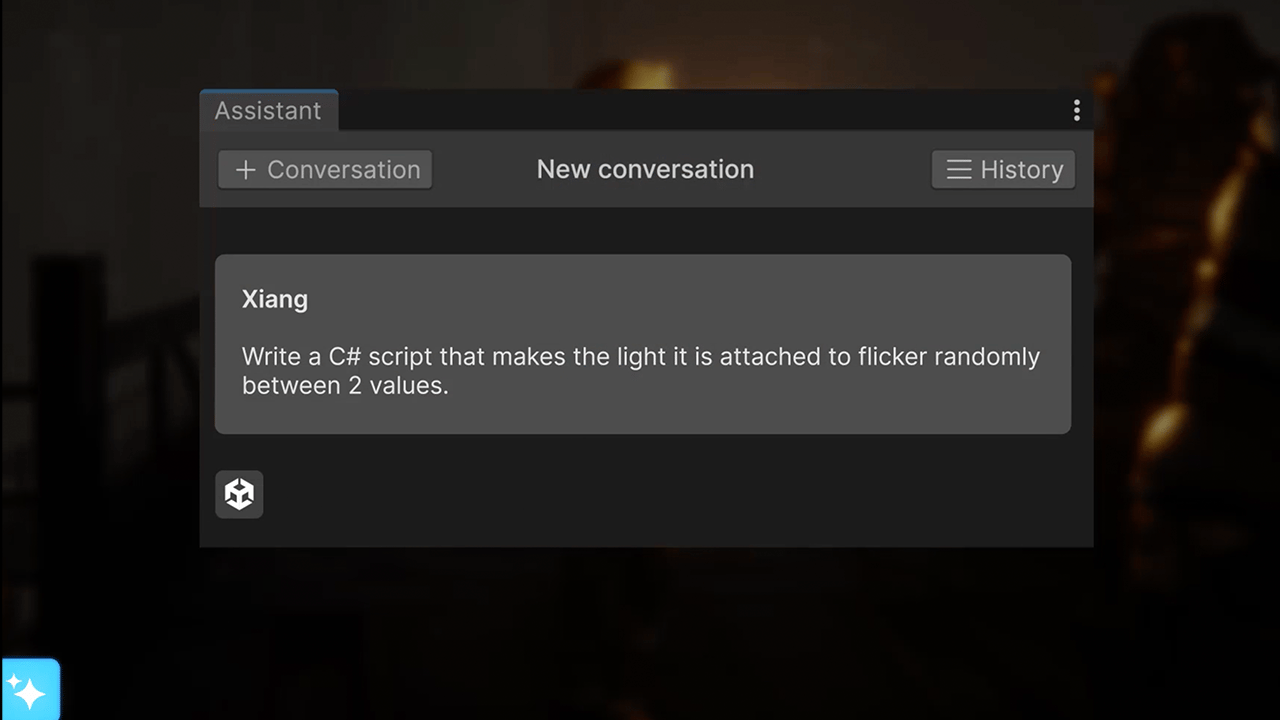 Prompt de linguagem natural gerando código no Unity