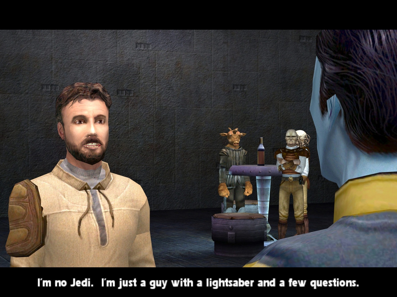 Jedi Knight 2 character speaking to another Jedi Knight 2 character speaking to another