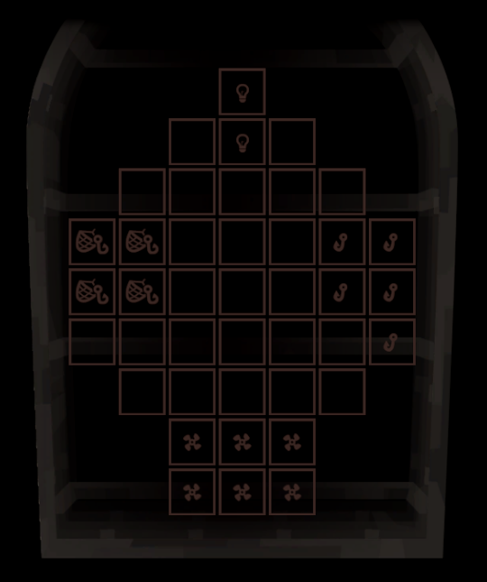 A 7 by 9 square grid. Six spaces in each corner are inaccessible to players. Seventeen squares are marked by special symbols.