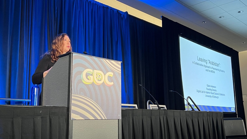 Speaker Glaire Anderson at the GDC podium