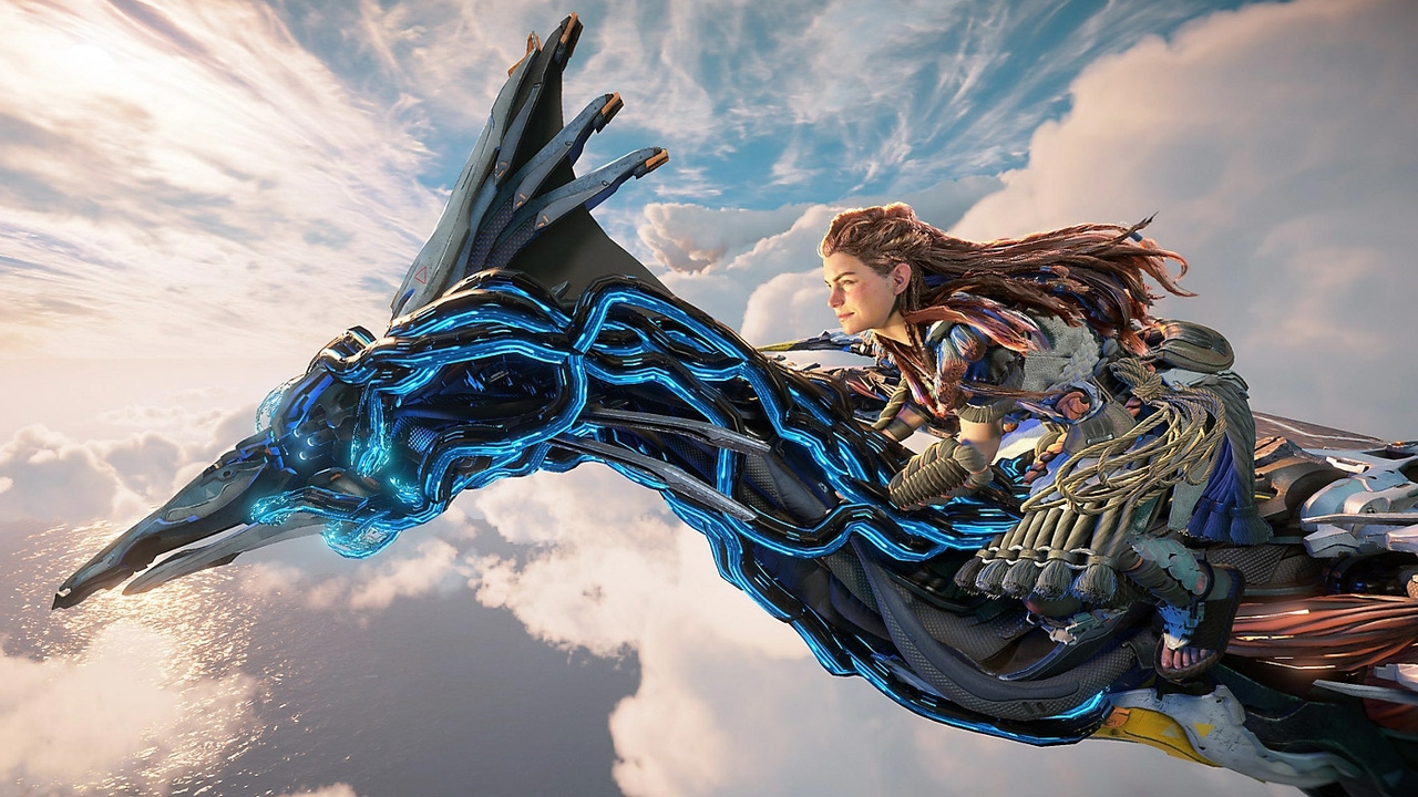 Aloy rides a flying Sunwing in Horizon Forbidden West. Aloy rides a flying Sunwing in Horizon Forbidden West.