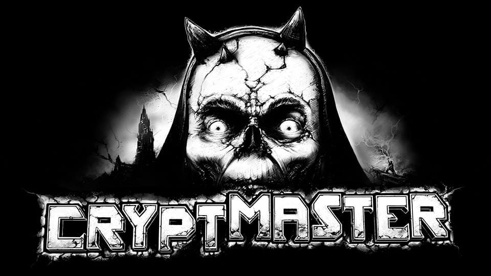 Key art for Cryptmaster. The skull-faced Cryptmaster peers over the game's title. Key art for Cryptmaster. The skull-faced Cryptmaster peers over the game's title.