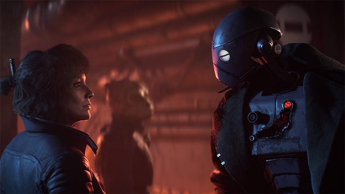 A screenshot from Star Wars Outlaws. Protagonist Kay Vess speaks with her droid companion.
