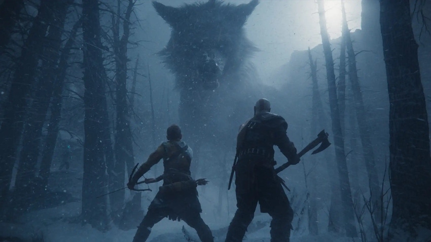 Kratos and Atreus in a promo for God of War: Ragnarok, preparing to fight a giant wolf.