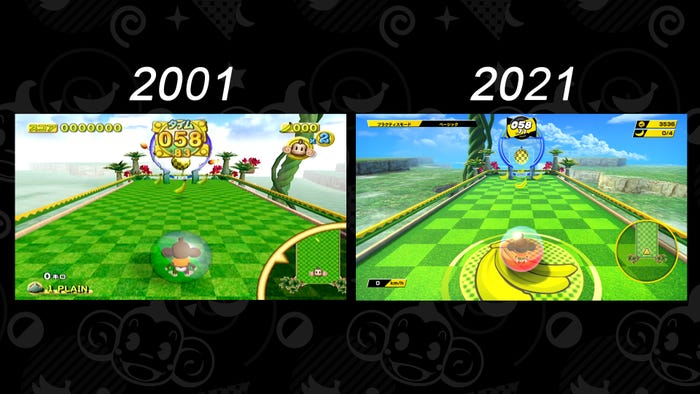 A side-by-side image of Super Monkey Ball from 2001 and Super Monkey Ball from 2021. The level structure is the same, but the backgrounds, stage, and graphics are visually updated for modern tech on the 2021 image.