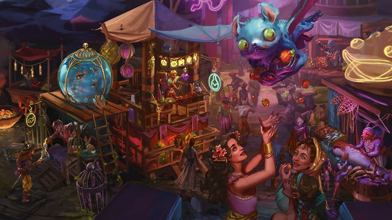 Key art from Journeys through the Radiant Citadel. Characters gather in a fantasy bazaar.