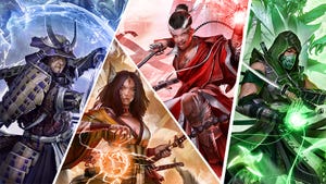 Promotional art for Mahokenshi, showing off four fantasy warriors with an East Asian aesthetic.
