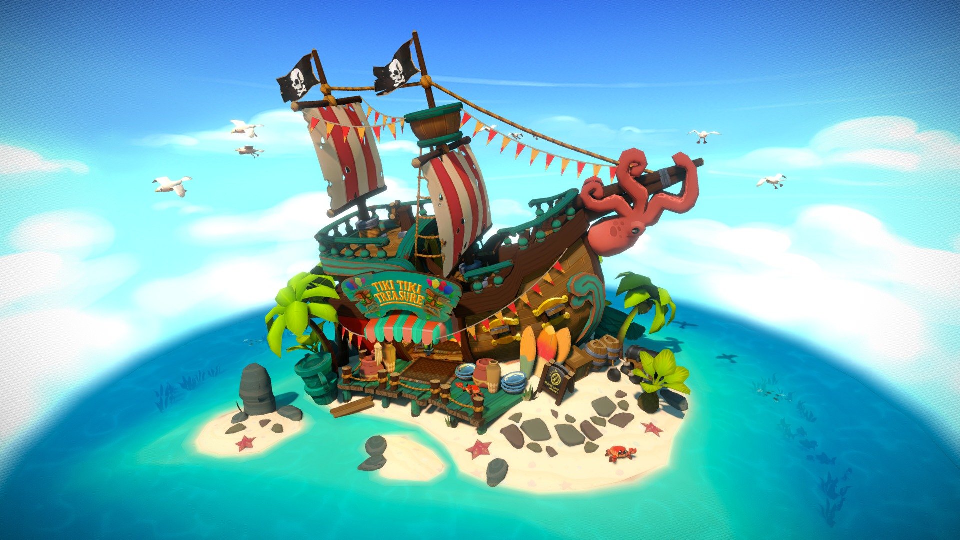 The 3D asset of a ship that doubles down as a store called Tiki Tiki Treasure