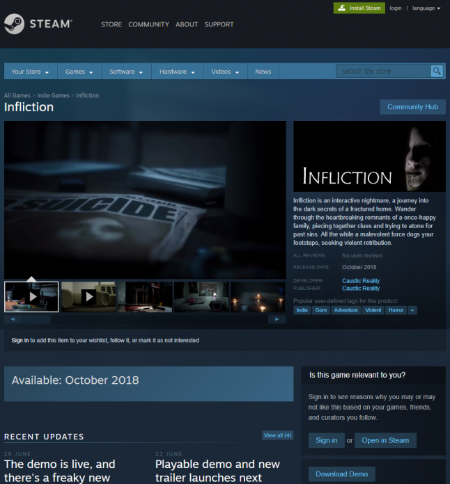 Infliction Demo available on the Infliction Product page via Steam