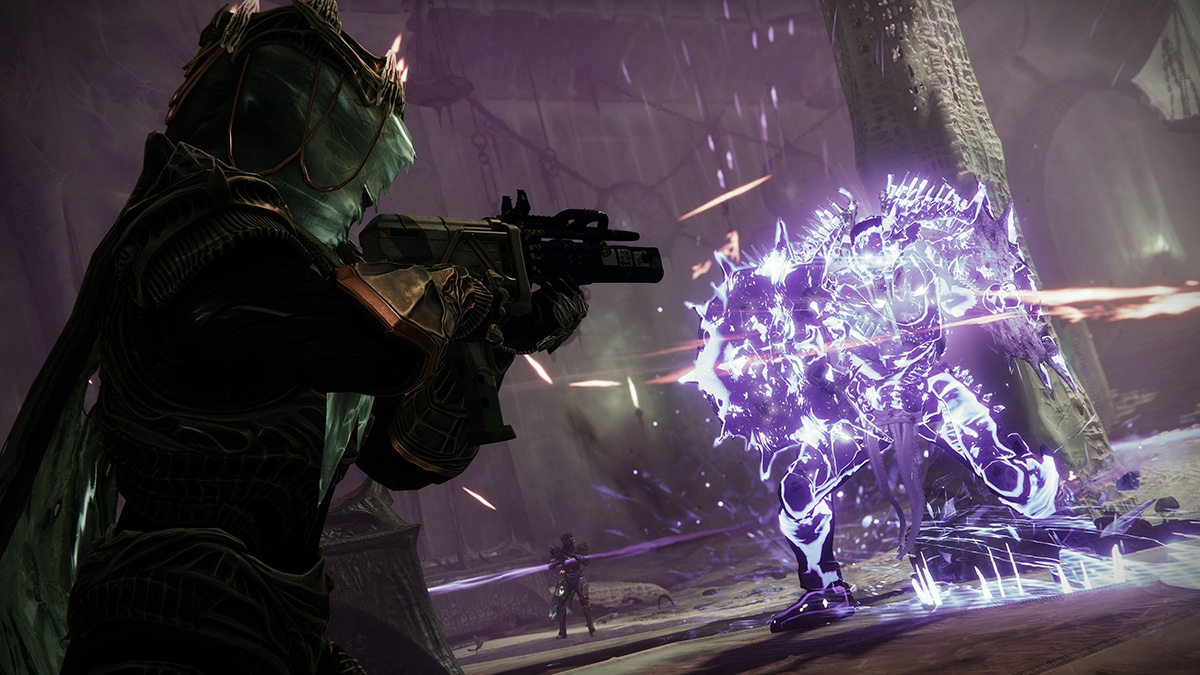 A screenshot from Destiny 2 showing a guardian taking on a large enemy A screenshot from Destiny 2 showing a guardian taking on a large enemy
