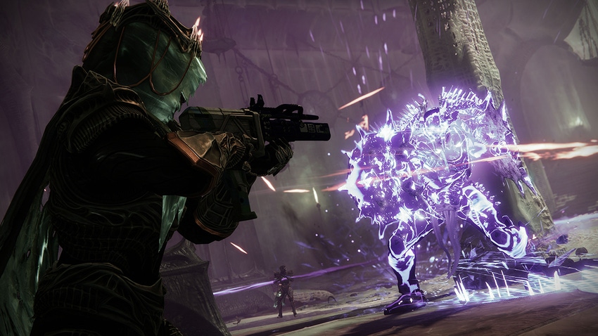 A screenshot from Destiny 2 showing a guardian taking on a large enemy