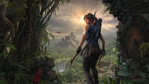 Lara Croft emerges from a thicket that overlooks a temple Lara Croft emerges from a thicket that overlooks a temple