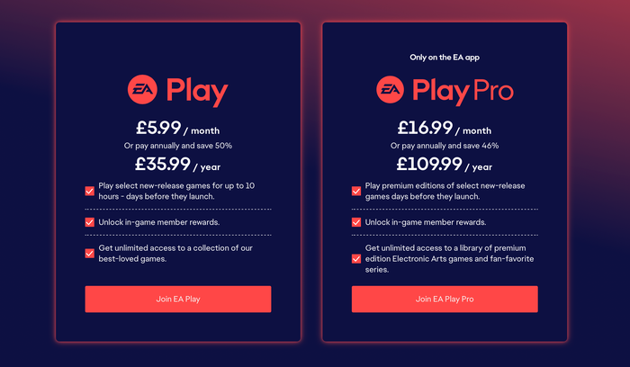 UK pricing plans for EA Play and EA Play Pro