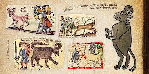 Different depictions of a Bonnacon, a horse and bull-like hybrid creature with a habit of weaponizing its bowel movements.