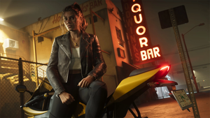 GTA VI protagonist Lucia leaning on a yellow motorcycle GTA VI protagonist Lucia leaning on a yellow motorcycle