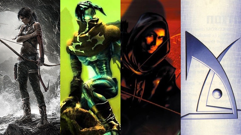 Key art from Tomb Raider, Legacy of Kain, Thief, and Deus Ex