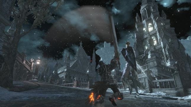 Dark Souls 3; a player swings a huge greatsword at a knight with their shield raised under moonlight