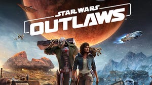 Key art for Star Wars Outlaws. Protagonist Kay Vess and her droid companion walk toward the camera.