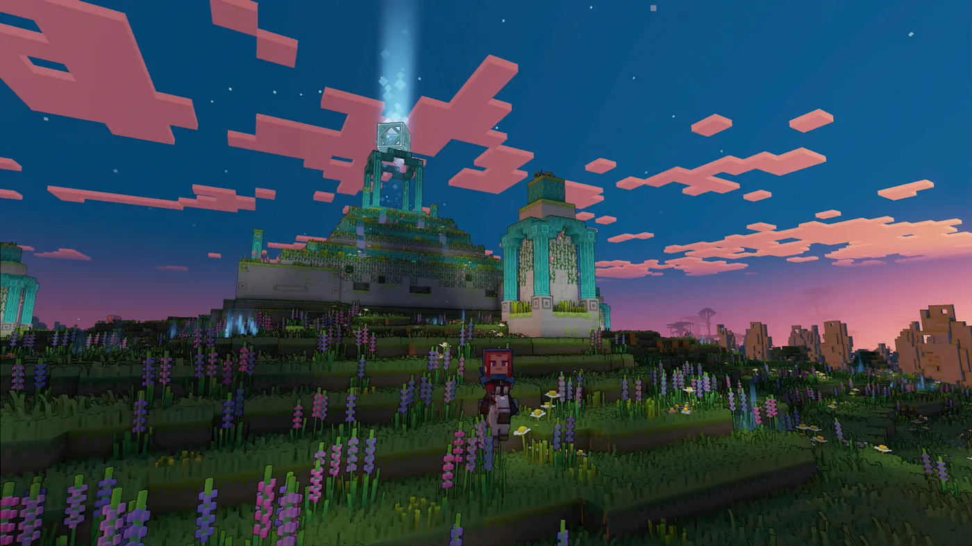 A screenshot of Minecraft Legends, dpicting a world at dusk. A screenshot of Minecraft Legends, dpicting a world at dusk.