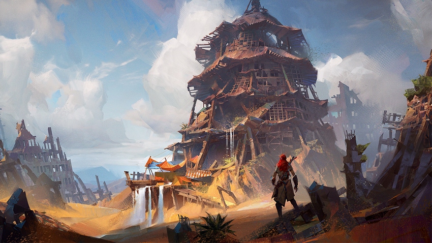 Concept art showing an early glimpse of a settlement in Horizon Forbidden West