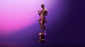 An Ivors statuette on a purple and pink background An Ivors statuette on a purple and pink background