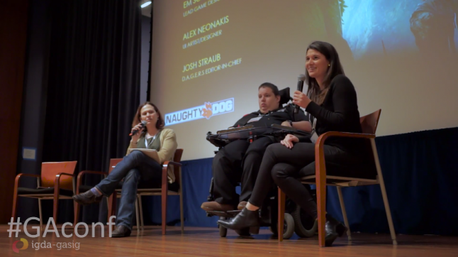 Em Schatz and Alex Neonakis of Naughty Dog onstage with Josh Straub