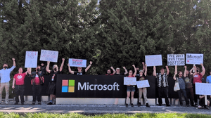Union members and supporters staging a rally outside Microsoft's headquarters in Redmond Union members and supporters staging a rally outside Microsoft's headquarters in Redmond