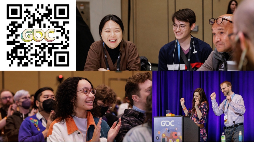 speakers at GDC and a QR code