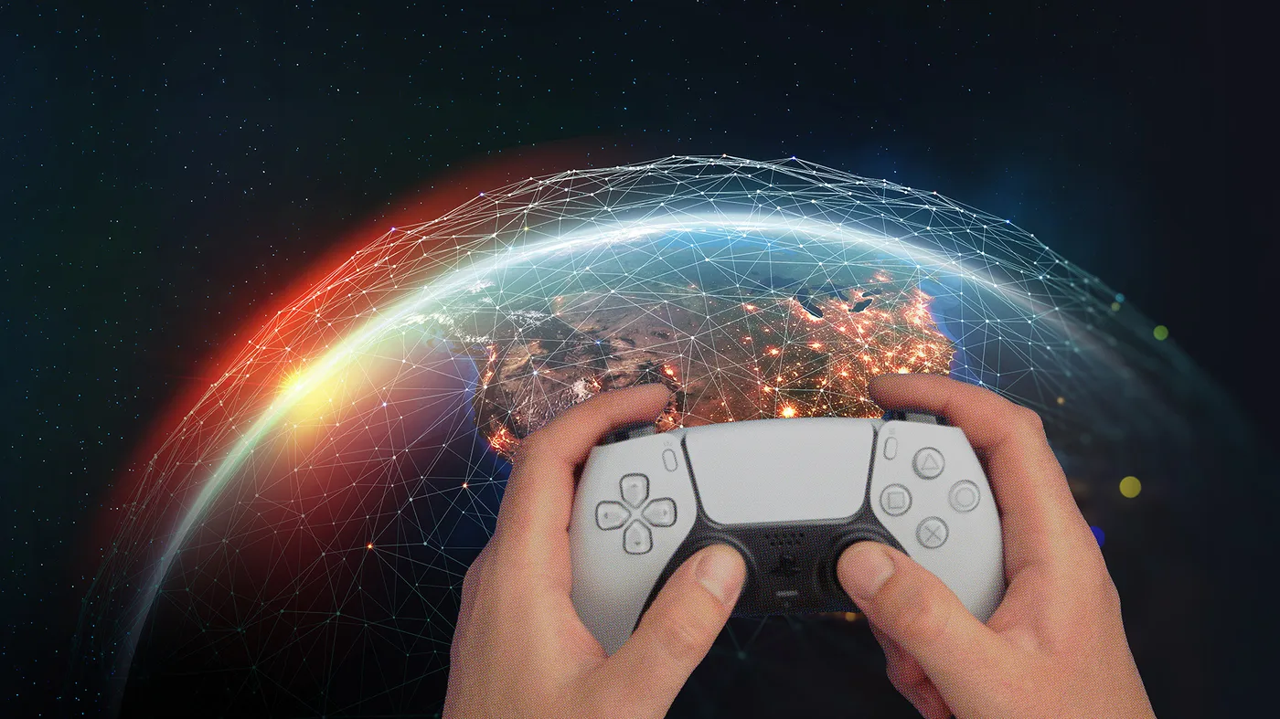 A player holds a controller against a backdrop of a digital globe. A player holds a controller against a backdrop of a digital globe.