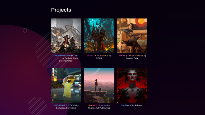 A screenshot showing six of the projects Altagram has worked on, including Planet of Lana, Diablo IV, and Ghostwire: Tokyo