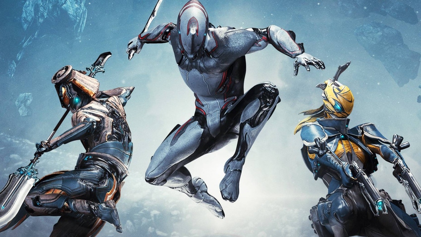 Key art for Digital Extremes' Warframe, showing three Tenno leaping into action.